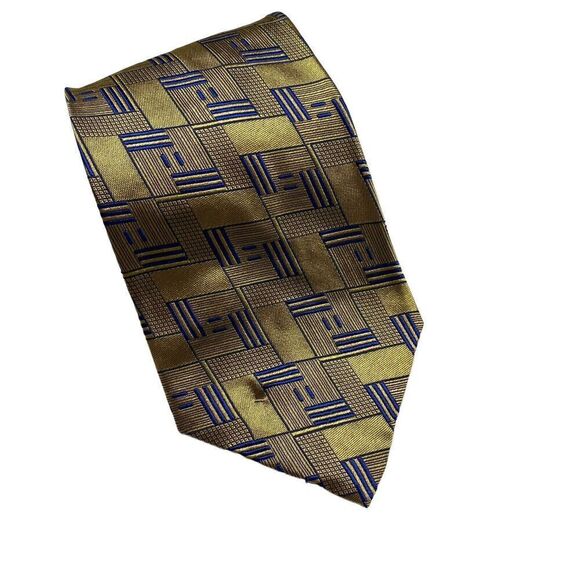 Oscar de la Renta Mens Necktie Tie Gold Blue Geometric Silk Couture Collection - Picture 2 of 8